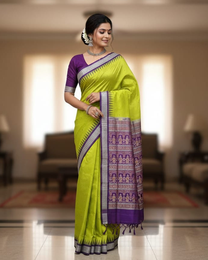 Lemon Green Purple Buti Bomkai Silk Saree