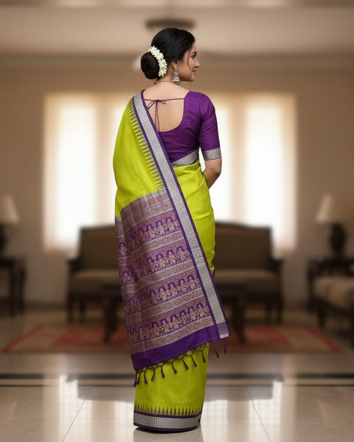 Lemon Green Purple Buti Bomkai Silk Saree