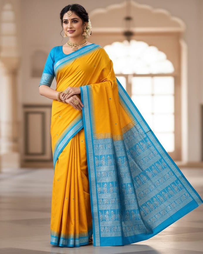 Yellow Copper Sulphate Buti Bomkai Silk Saree