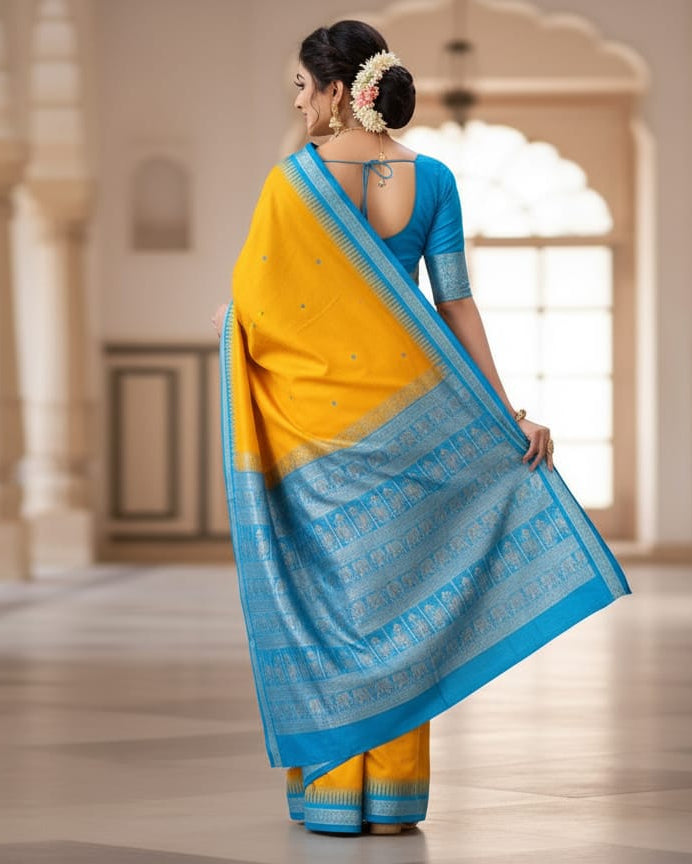 Yellow Copper Sulphate Buti Bomkai Silk Saree