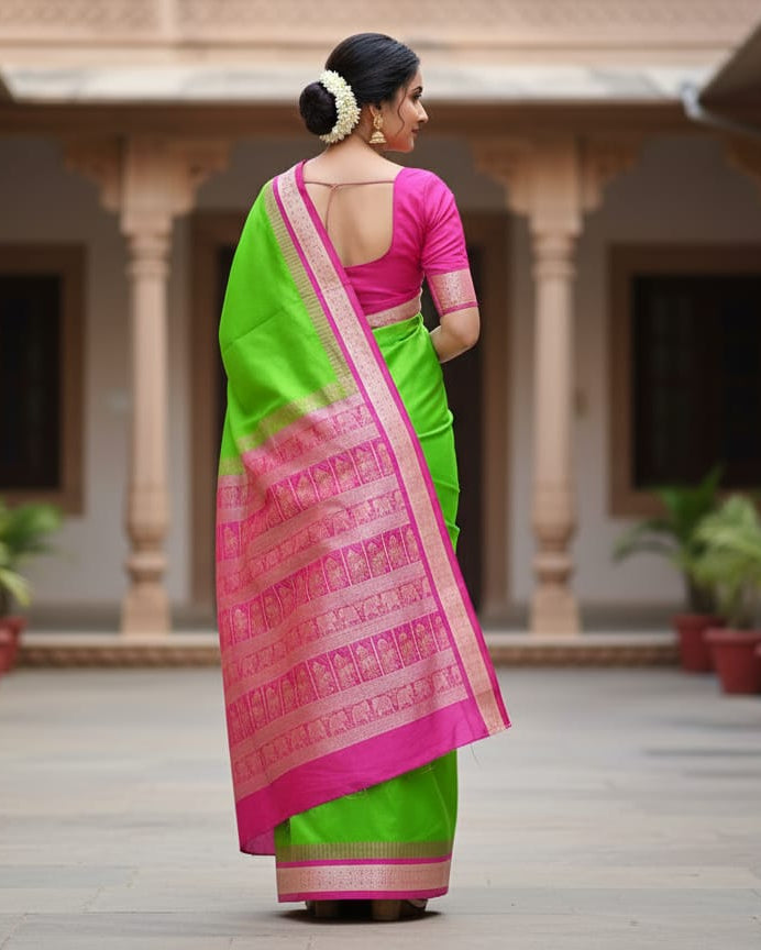 Green Magenta Buti Bomkai Silk Saree