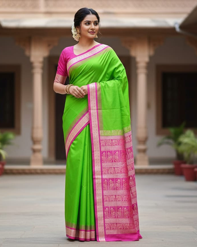 Green Magenta Buti Bomkai Silk Saree