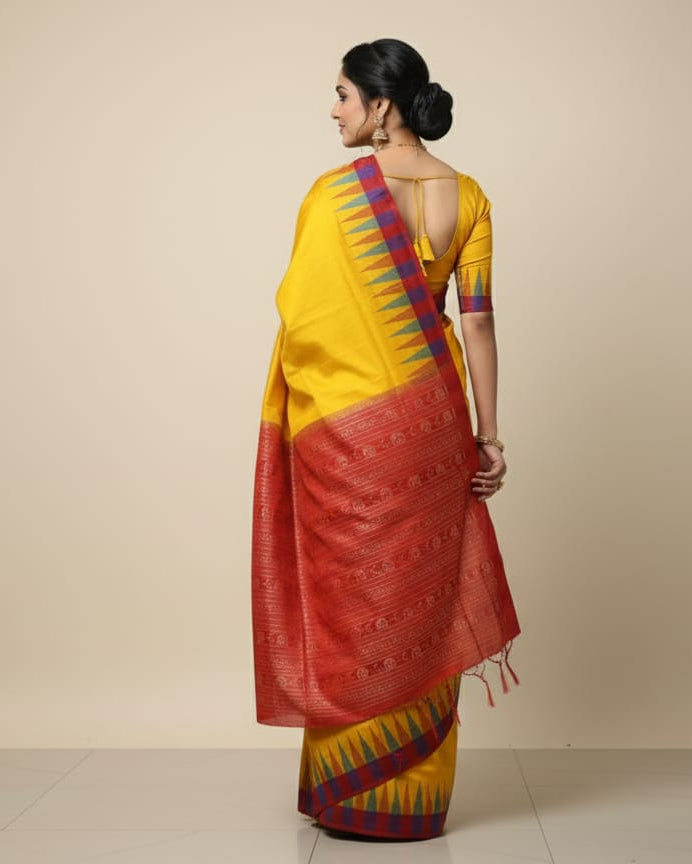 Yellow Red Multi Colour Kumbha Bomkai Silk Saree