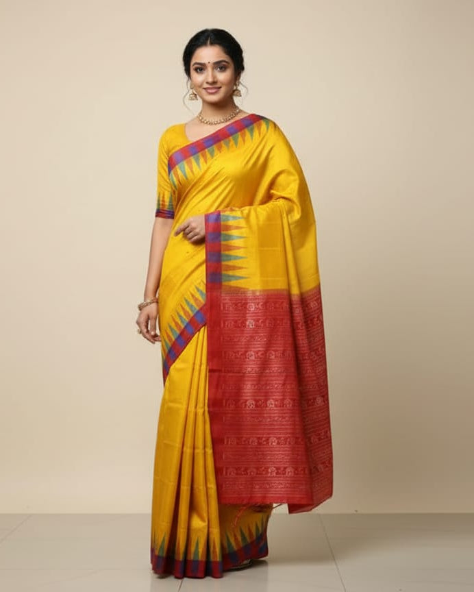 Yellow Red Multi Colour Kumbha Bomkai Silk Saree