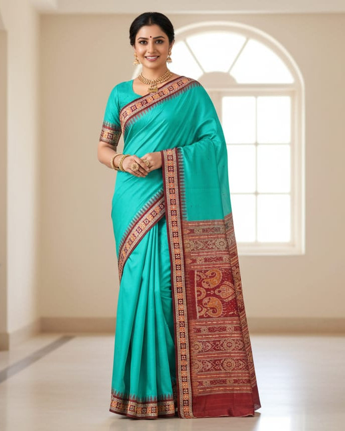 Aqua Blue Maroon Sakta Border Odisha Handloom Bomkai Silk Saree