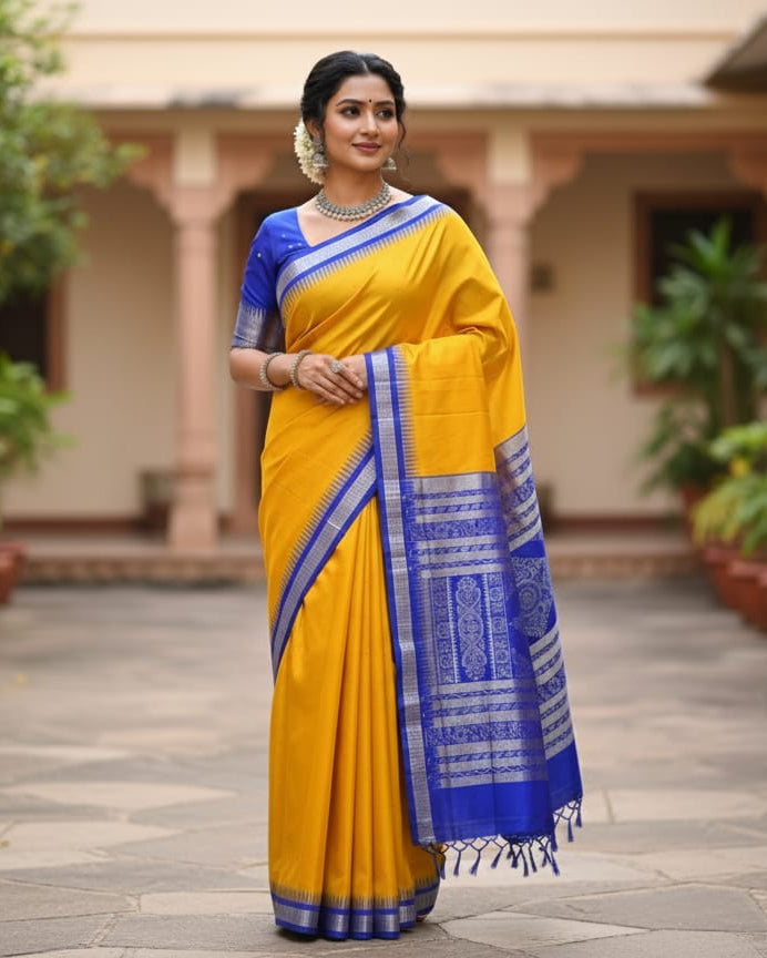 Yellow Blue Buti Bomkai Silk Saree