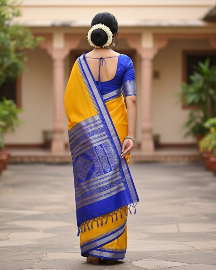 Yellow Blue Buti Bomkai Silk Saree