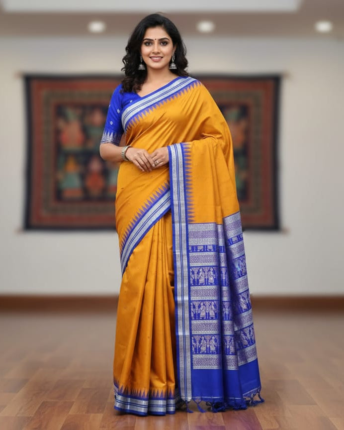 Orange Blue Buti Bomkai Silk Saree