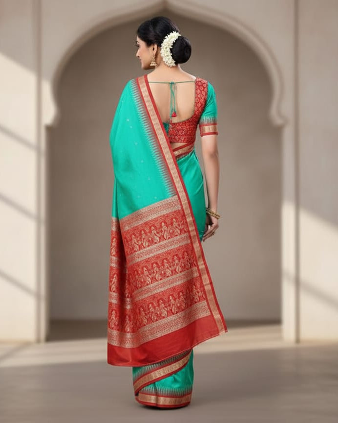 Sea Green Red Fish Buti Bomkai Silk Saree