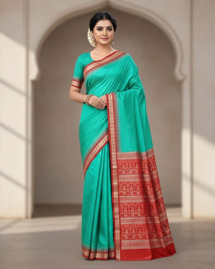 Sea Green Red Fish Buti Bomkai Silk Saree