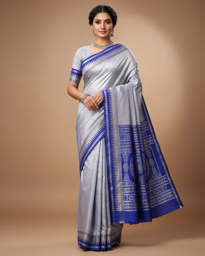 Lavender Blue Buti Bomkai Silk Saree