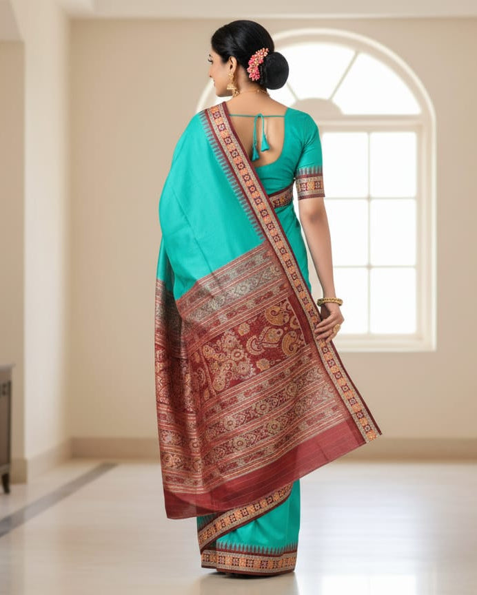 Aqua Blue Maroon Sakta Border Odisha Handloom Bomkai Silk Saree