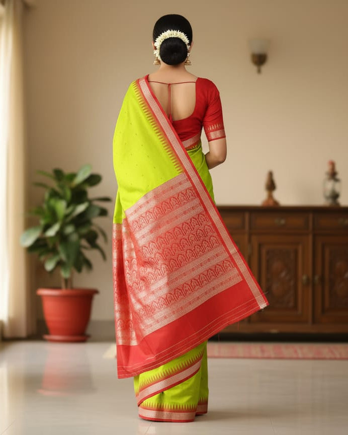 Neon Green Red Fish Buti Bomkai Silk Saree