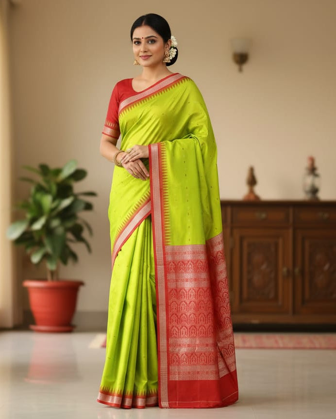 Neon Green Red Fish Buti Bomkai Silk Saree