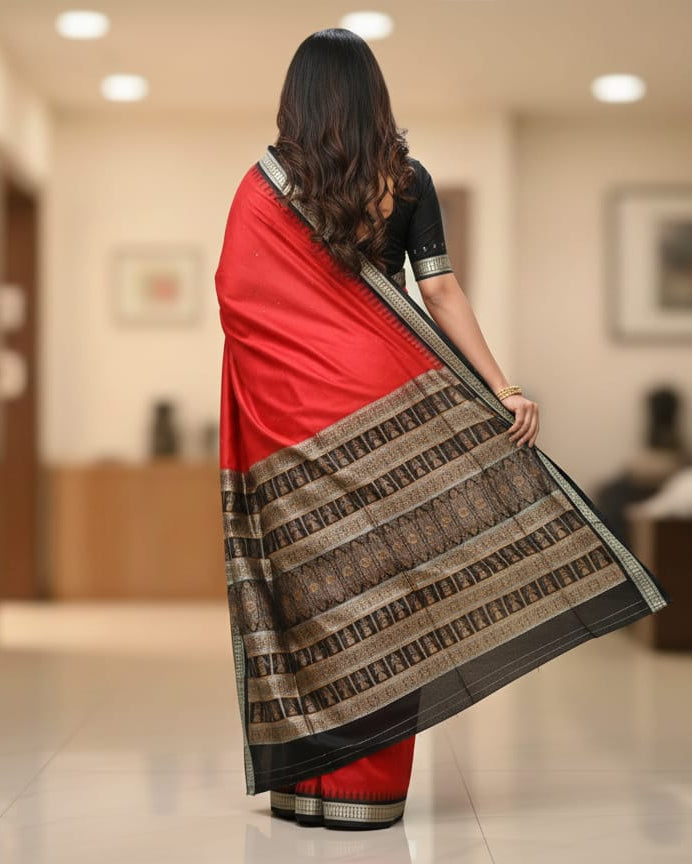 Red Black Buti Bomkai Silk Saree