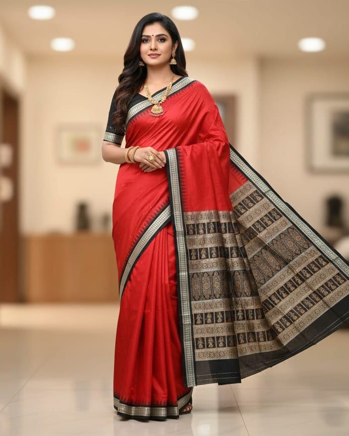 Red Black Buti Bomkai Silk Saree
