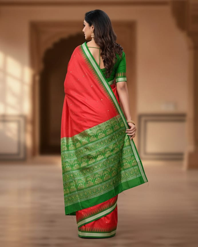 Red Green Fish Buti Bomkai Silk Saree