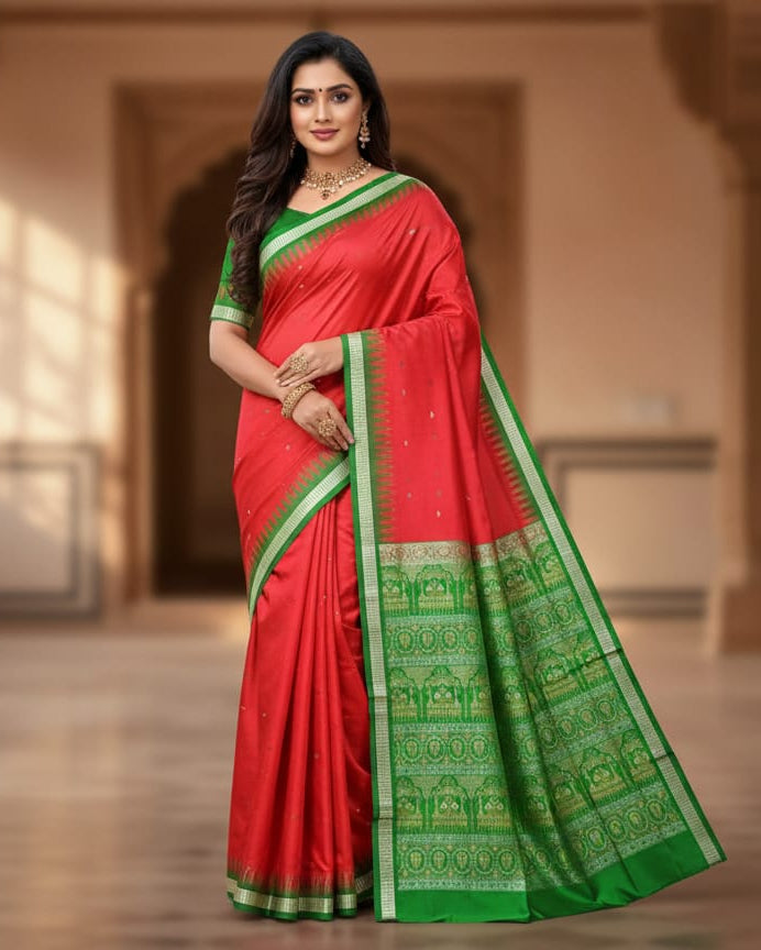 Red Green Fish Buti Bomkai Silk Saree