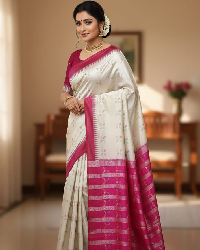 White Magenta Leaf Design Bomkai Silk Saree