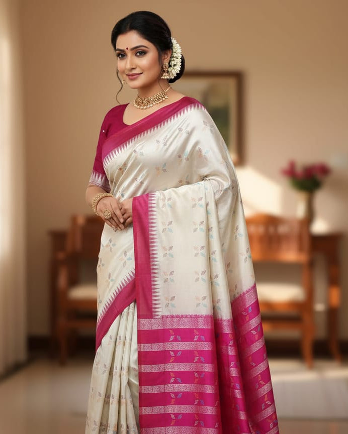 White Magenta Leaf Design Bomkai Silk Saree