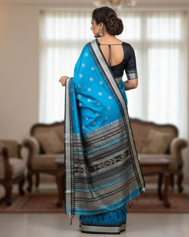 Cyan Blue Black Boita Design Bomkai Silk Saree