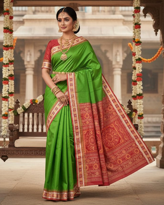 Mehendi Green Maroon Sakta Border Odisha Handloom Bomkai Silk Saree