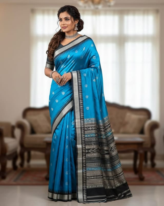 Cyan Blue Black Boita Design Bomkai Silk Saree