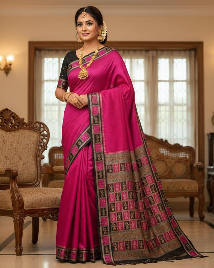 Magenta Black Doll Border Bomkai Silk Saree