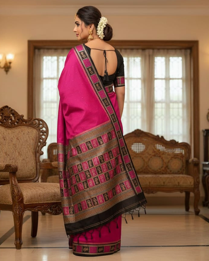 Magenta Black Doll Border Bomkai Silk Saree