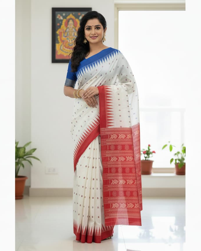 White Red Ganga Jamuna Border Bomkai Silk Saree