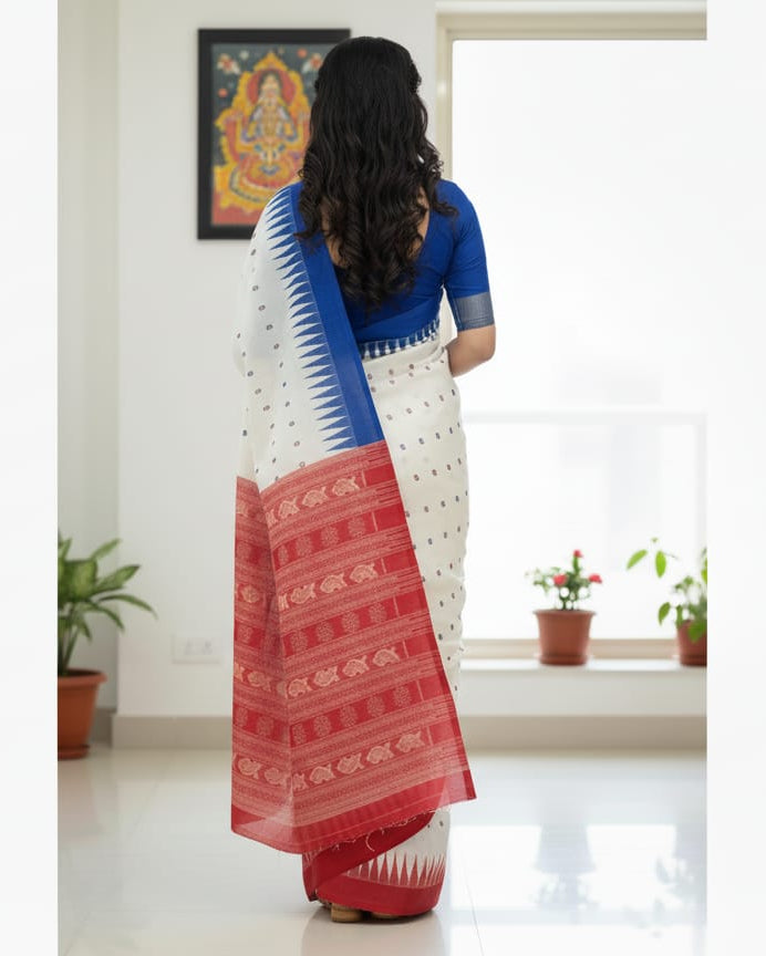 White Red Ganga Jamuna Border Bomkai Silk Saree