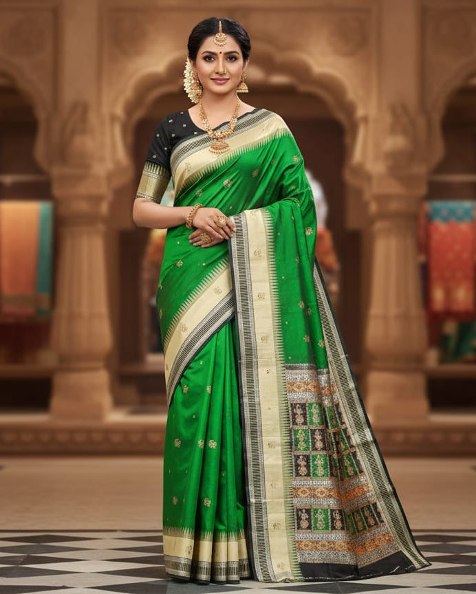 Green Black White Doll Bomkai Silk Saree
