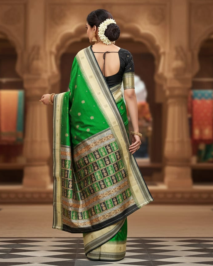Green Black White Doll Bomkai Silk Saree