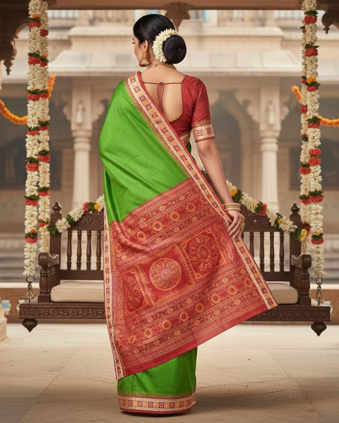 Mehendi Green Maroon Sakta Border Odisha Handloom Bomkai Silk Saree