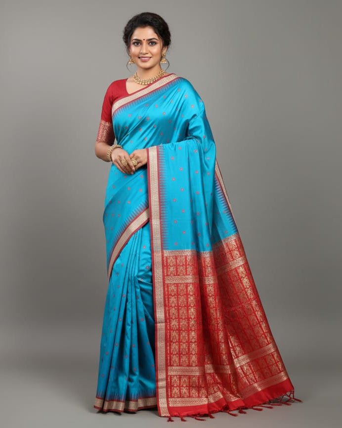 Copper Sulphate Red Flower Design Bomkai Silk Saree