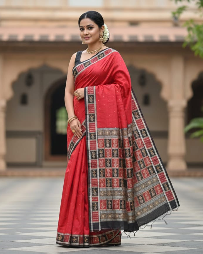 Red Black Doll Border Bomkai Silk Saree