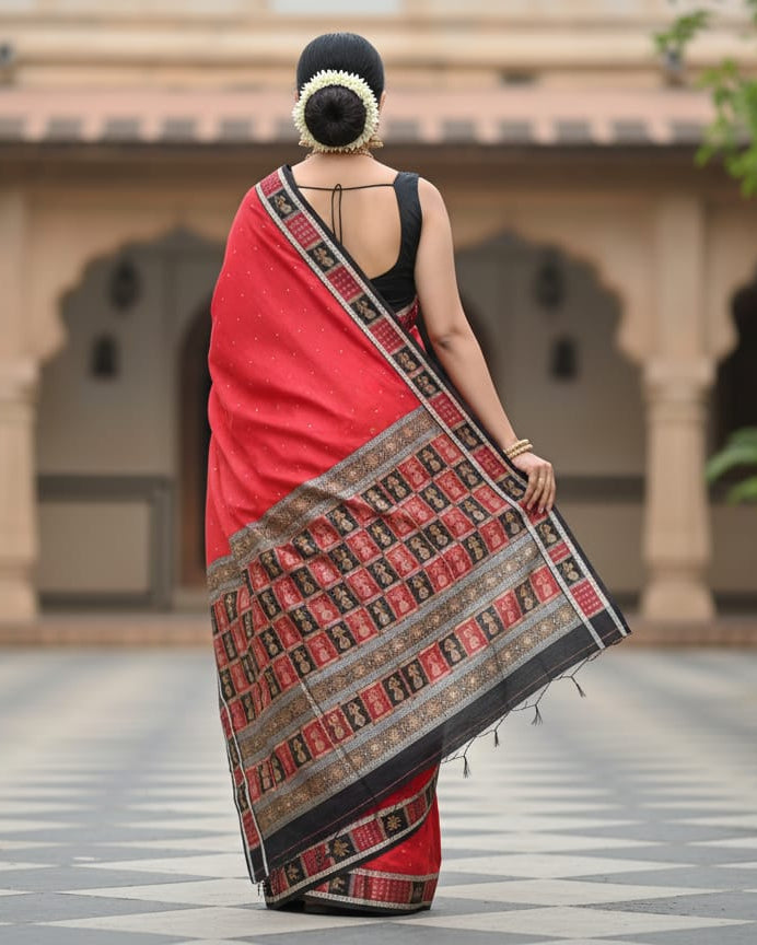 Red Black Doll Border Bomkai Silk Saree
