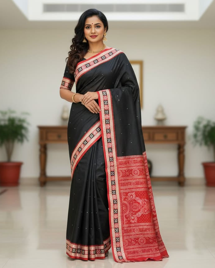 Black Red Sakta Border Odisha Handloom Bomkai Silk Saree