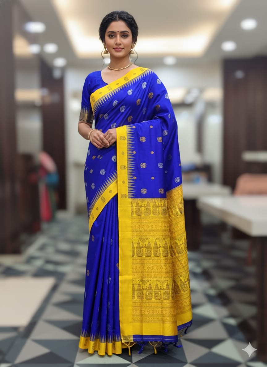 Blue Yellow Boita Design Bomkai Silk Saree