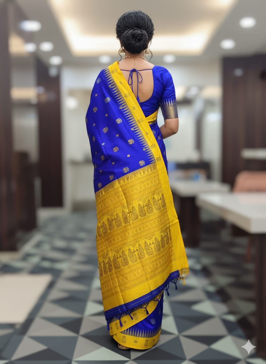 Blue Yellow Boita Design Bomkai Silk Saree