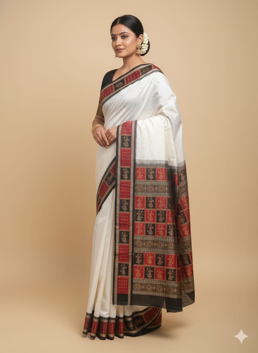 White Maroon Black Doll Border Bomkai Silk Saree