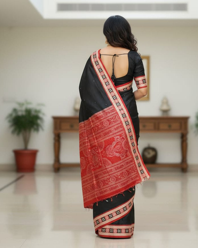 Black Red Sakta Border Odisha Handloom Bomkai Silk Saree