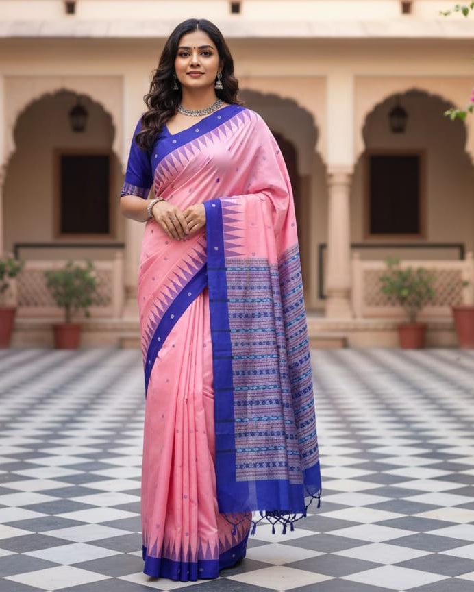 Pink Blue Flower Design Bomkai Silk Saree
