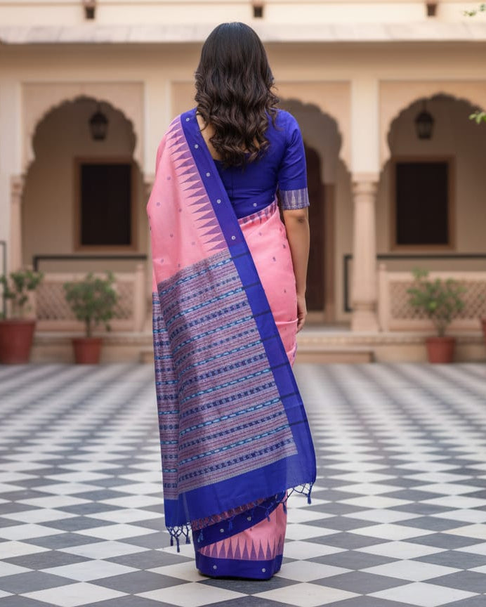 Pink Blue Flower Design Bomkai Silk Saree