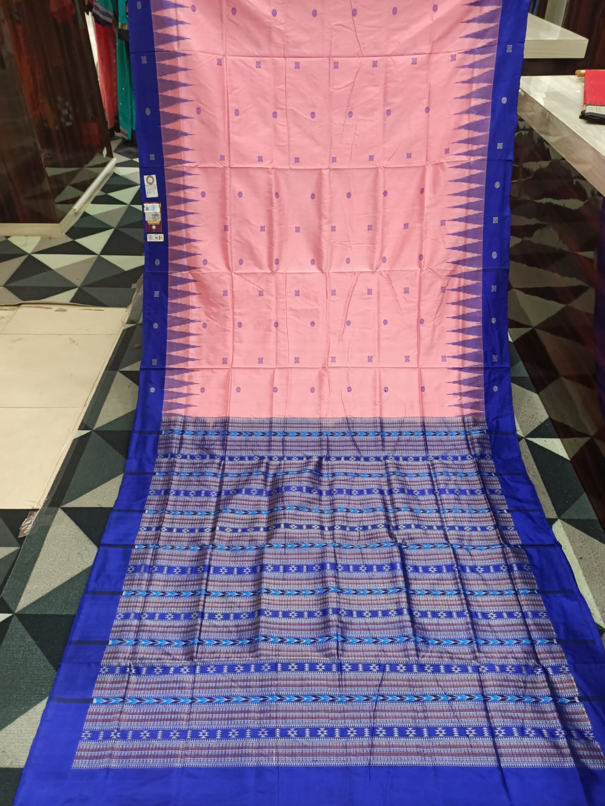 Pink Blue Flower Design Bomkai Silk Saree
