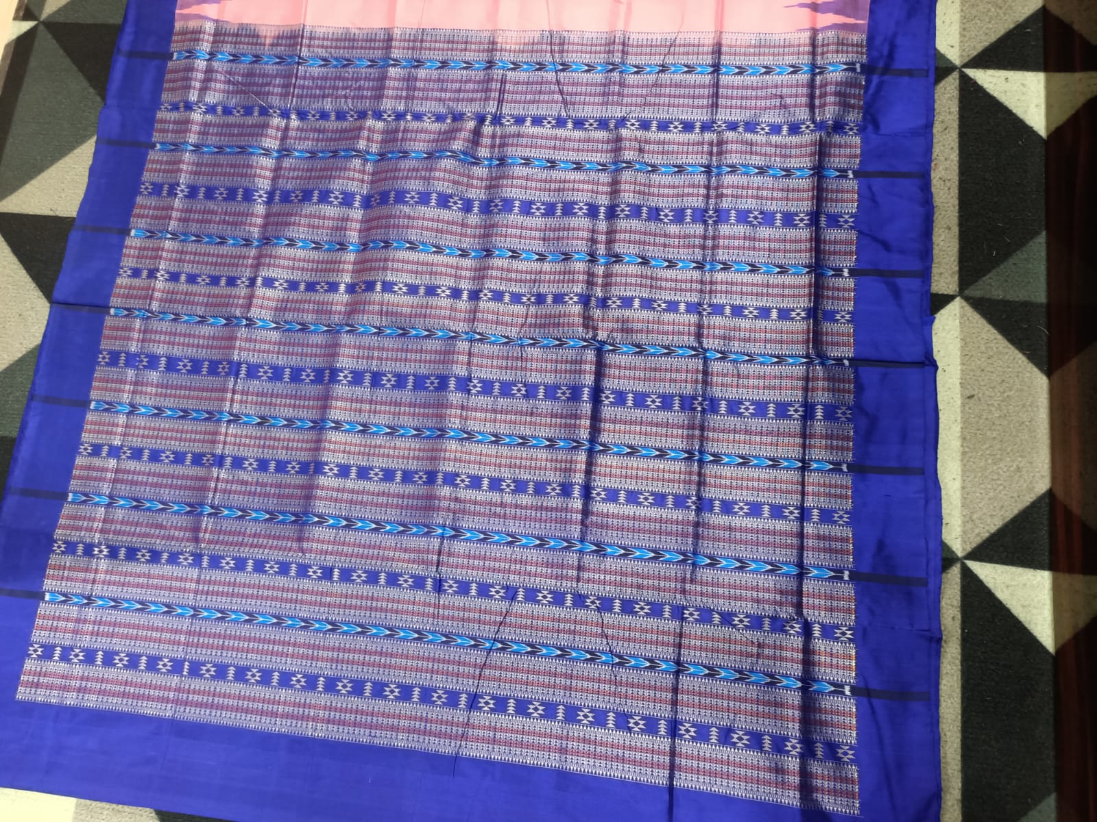 Pink Blue Flower Design Bomkai Silk Saree