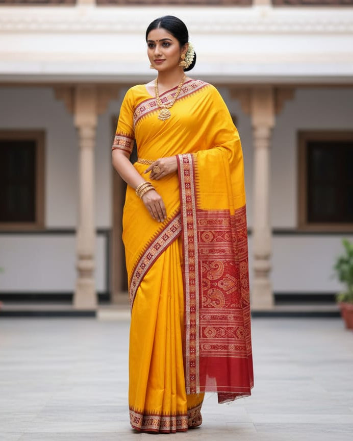 Yellow Maroon Sakta Border Odisha Handloom Bomkai Silk Saree