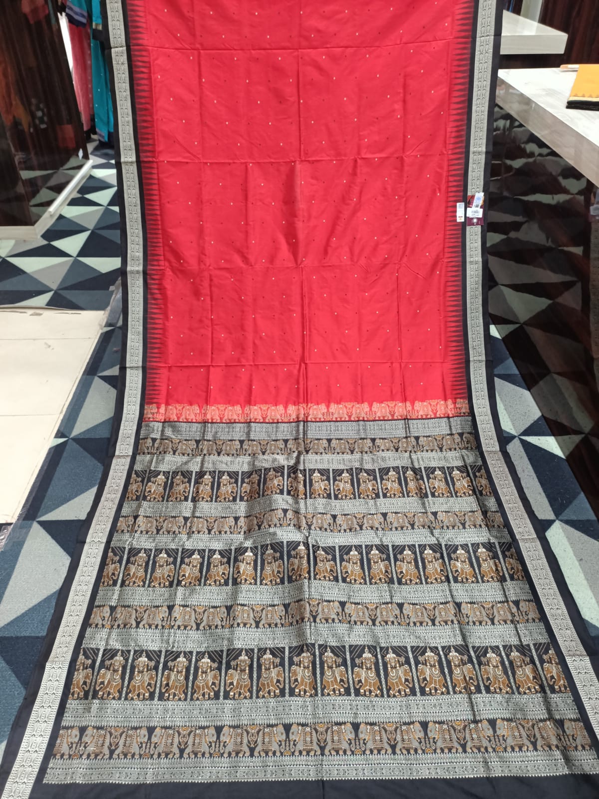 Red Black Buti Bomkai Silk Saree