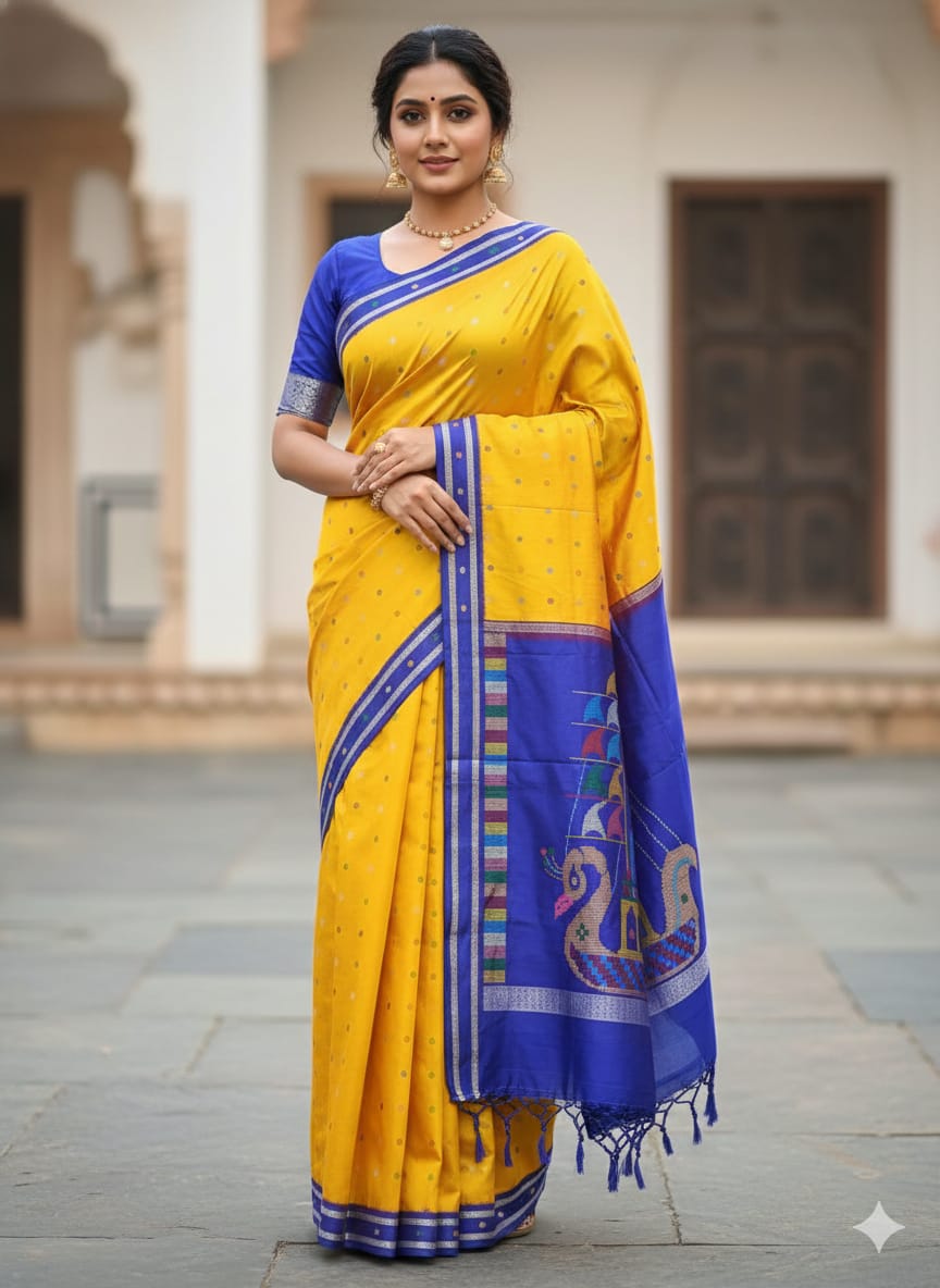 Golden Yellow Blue Boita Bomkai Silk Saree