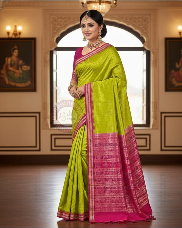 Neon Green Magenta Hazar Buti Bomkai Silk Saree